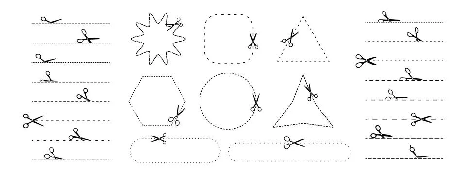 Set of scissors with cut lines and geometric shapes. Vector design elements Stock Illustration