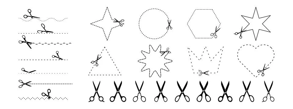 Set of scissors with cut lines and geometric shapes. Cut here symbol. Stock Illustration