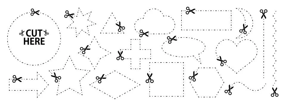 Set of scissors with cut lines. Vector collection of speech bubble, rectangle 스톡 일러스트