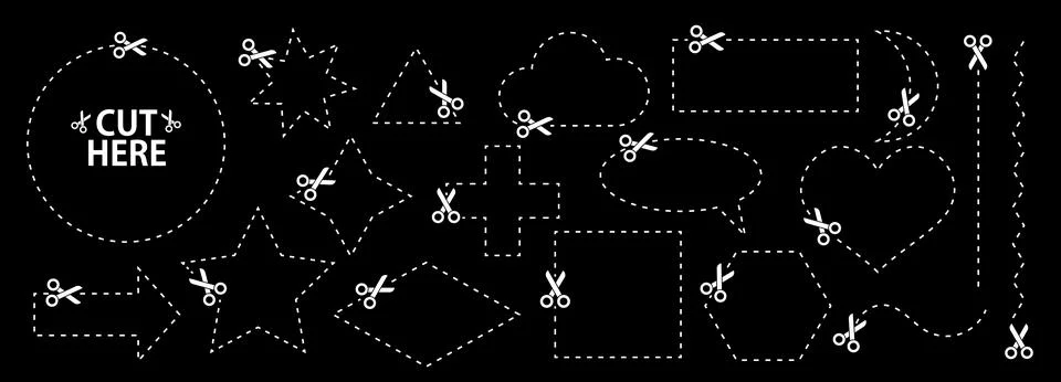 Set of scissors with cut lines. Vector collection of speech bubble, rectang.. Stock Illustration