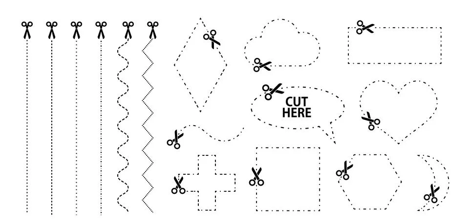 Set of scissors with cut lines. Vector collection of different geometric sh.. Stock Illustration