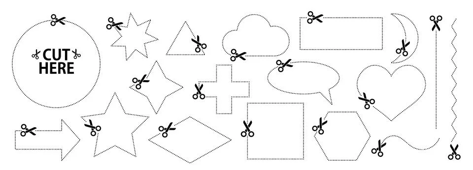 Set of scissors with cut lines. Vector collection of speech bubble, rectangle Stock Illustration