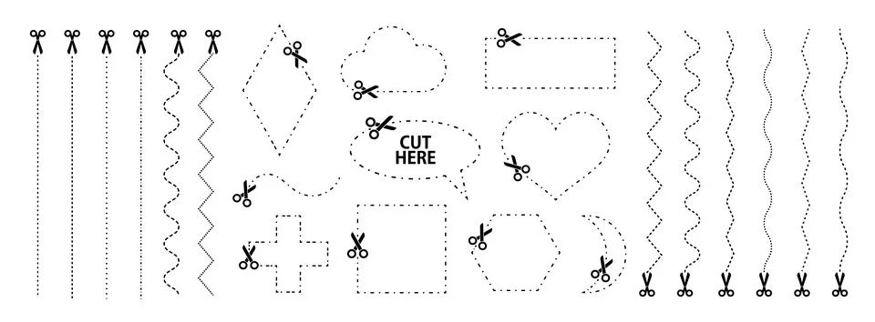 Set of scissors with cut lines. Vector collection of different geometric sh.. 스톡 일러스트