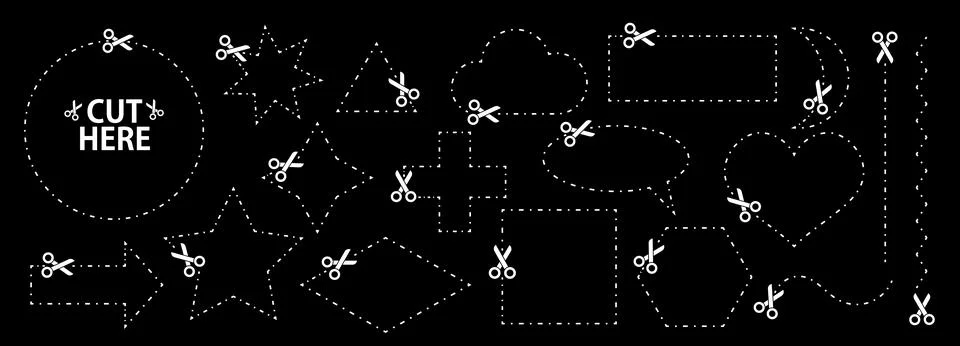 Set of scissors with cut lines. Vector collection of speech bubble, rectang.. Stock Illustration