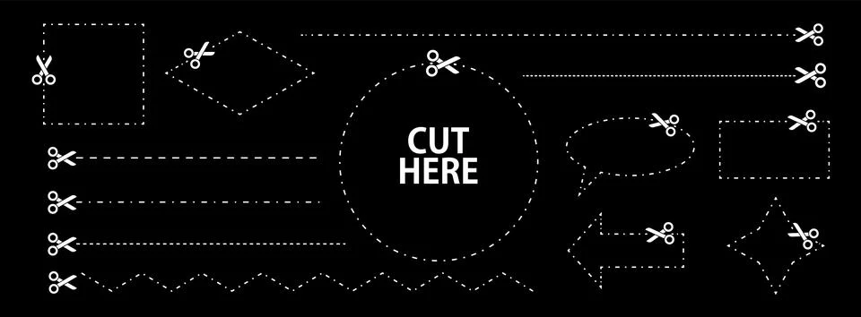 Set of scissors with cut lines. Vector collection of different geometric sh.. Stock Illustration