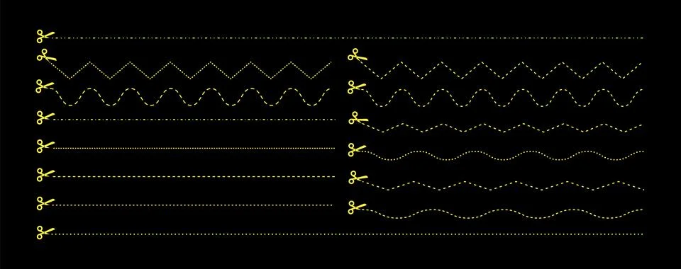 Set of scissors with cut lines. Vector collection of horizontal dashed stroke Stock Illustration
