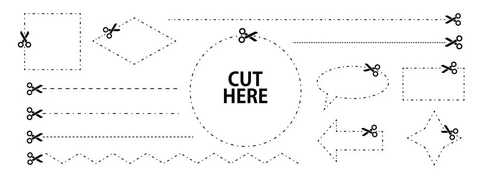 Set of scissors with cut lines. Vector collection of different geometric shap 스톡 일러스트