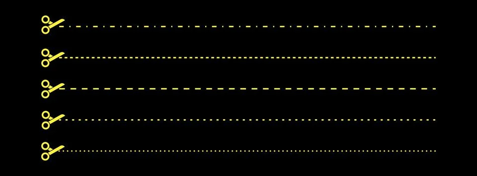 Set of scissors with cut lines. Vector collection of horizontal dashed stroke Illustrazione stock