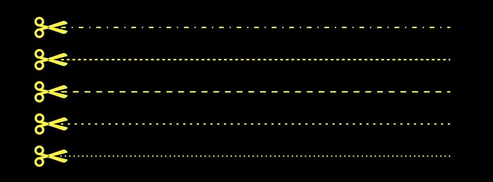 Set of scissors with cut lines. Vector collection of horizontal dashed stroke 스톡 일러스트