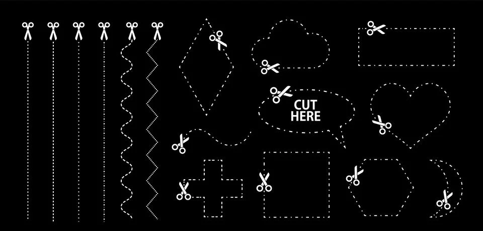 Set of scissors with cut lines. Vector collection of different geometric shap Stock-Illustration