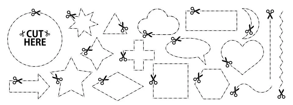 Set of scissors with cut lines. Vector collection of speech bubble, rectang.. Stock Illustration