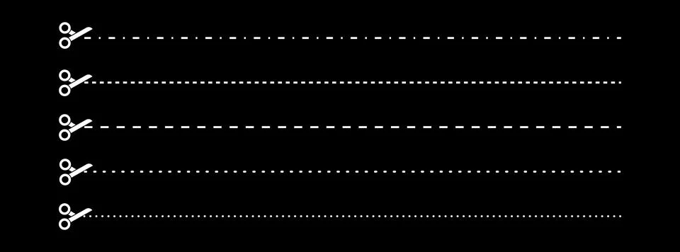 Set of scissors with cut lines. Vector collection of horizontal dashed stroke Illustrazione stock