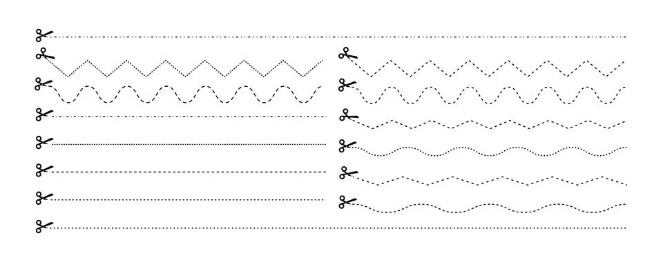Set of scissors with cut lines. Vector collection of horizontal dashed stroke 스톡 일러스트