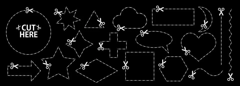 Set of scissors with cut lines. Vector collection of speech bubble, rectangle Stock Illustration