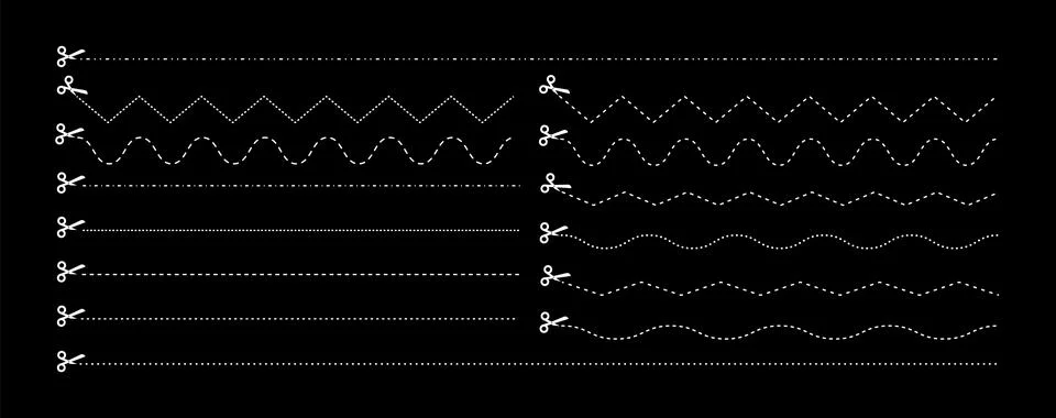 Set of scissors with cut lines. Vector collection of horizontal dashed stroke 스톡 일러스트