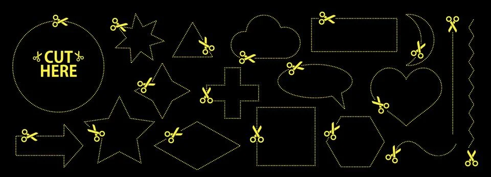 Set of scissors with cut lines. Vector collection of speech bubble, rectangle Stock Illustration