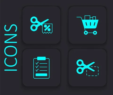 Set Scissors cuts discount coupon, Shopping cart and food and Clipboard with Ilustração Stock