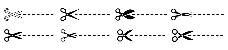 Set of scissors cutting along dotted line. Collection of black silhouette and Stock Illustration