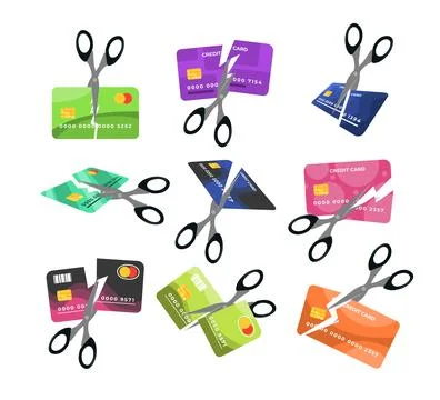 Set of scissors cutting credit card collection, incur future debts, economi.. Illustrazione stock