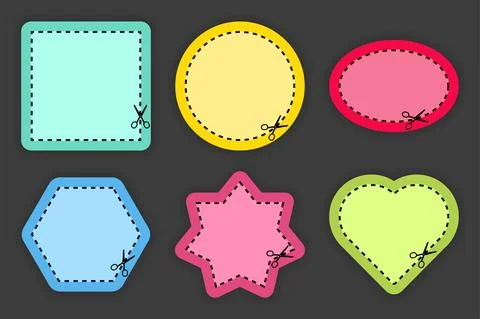 Set of scissors cutting of different colors shapes and lines on black backgro Stock Illustration