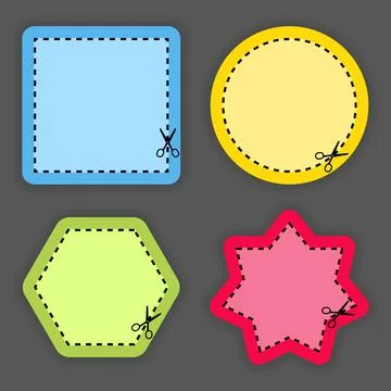 Set of scissors cutting of different colors shapes and lines on black backgro Stock Illustration