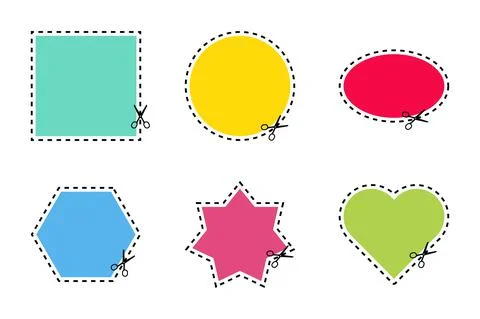 Set of scissors cutting of different colors shapes and lines on white backgro Stock Illustration