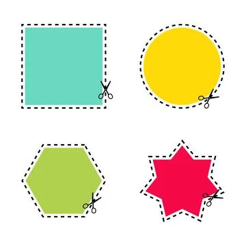 Set of scissors cutting of different colors shapes and lines on white backgro Stock Illustration