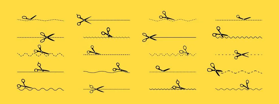 Set of scissors cutting different lines on yellow background. Cut here symbol Stock Illustration