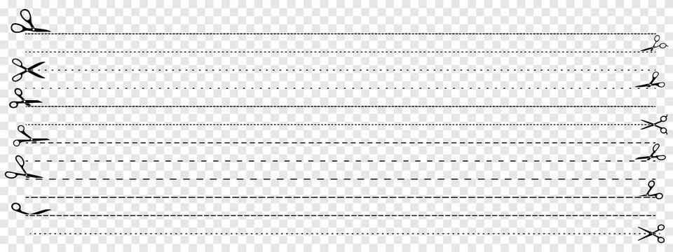 Set of scissors cutting dotted lines on transparent background. Cut here sy.. 스톡 일러스트