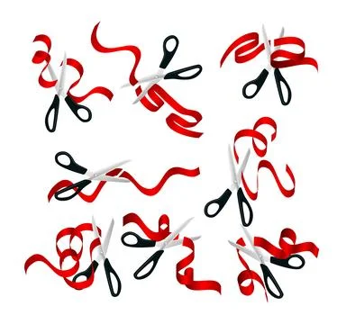 Set of scissors cutting red ribbon collection, Red scissors cut ribbon real.. Stock Illustration