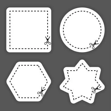 Set of scissors cutting a white shapes and lines on black background. Cut cou Stock Illustration