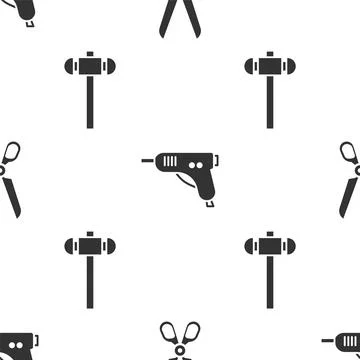 Set Scissors, Electric hot glue gun and Sledgehammer on seamless pattern. Vector イラスト素材