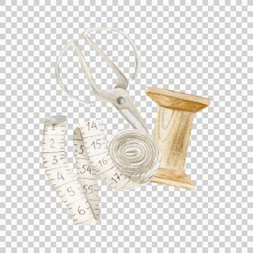 Set of scissors, empty spool of thread, measuring tape, hand-drawn Stock Illustration