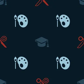 Set Scissors, Graduation cap and Paint brush with palette on seamless pattern イラスト素材