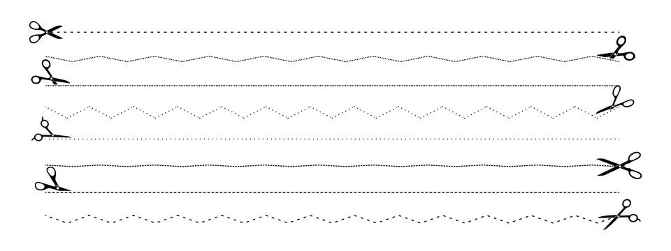 Set of scissors icons with dotted lines. Cut here symbols Stock Illustration