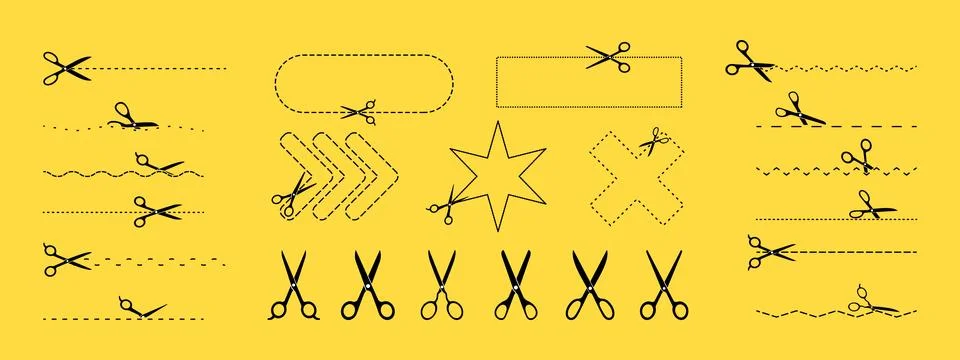 Set of scissors icons with dotted lines and geometric shapes isolated on ye.. Stock Illustration