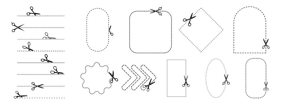 Set of scissors icons with dotted lines and geometric shapes. Cut here symbol Illustrazione stock