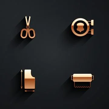 Set Scissors, Leather, Sewing pattern and Textile fabric roll icon with long Illustrazione stock