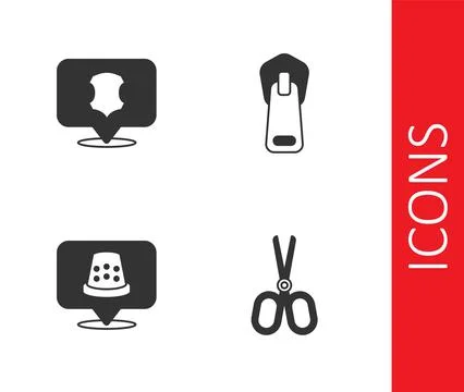 Set Scissors, Leather, Thimble for sewing and Zipper icon. Vector Stock Illustration