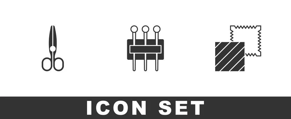 Set Scissors, Needle for sewing and Textile fabric roll icon. Vector Stock Illustration