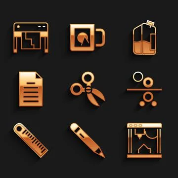 Set Scissors, Pencil with eraser, 3D printer, Paper roll of printing press Stock Illustration