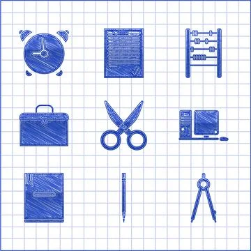 Set Scissors, Pencil with eraser, Drawing compass, Computer monitor keyboard and Stock-Illustration