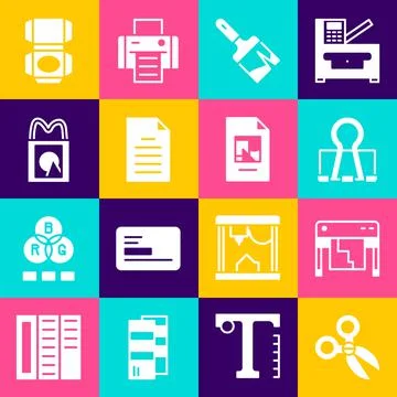 Set Scissors, Plotter, Binder clip, Paint brush, File document, Paper shopping Stockillustratie