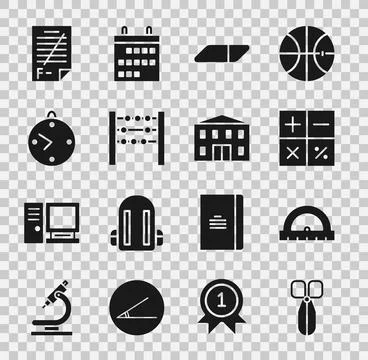 Set Scissors, Protractor, Calculator, Eraser rubber, Abacus, Clock, Exam pape Ilustración de archivo