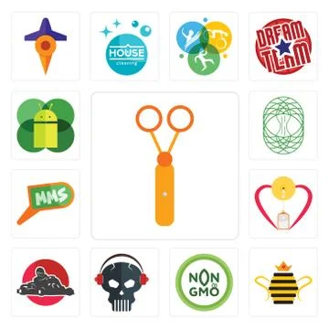 Set of scissors, queen bee, non gmo, skull with headphone, kart, breastfeedin Illustrazione stock gratuita