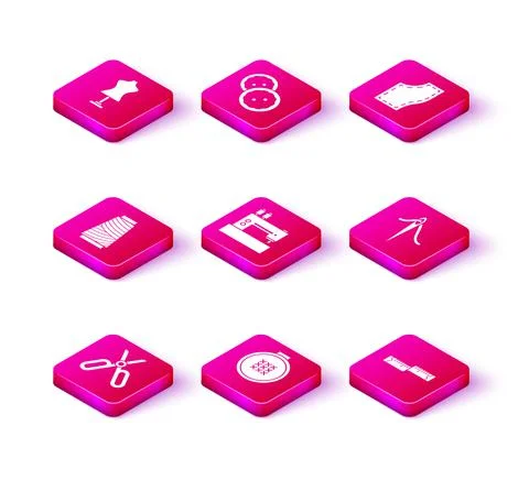 Set Scissors, Round adjustable embroidery hoop, Sewing thread on spool, machine Stock Illustration