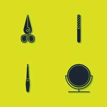 Set Scissors, Round makeup mirror, Nail file and  icon. Vector Stock Illustration