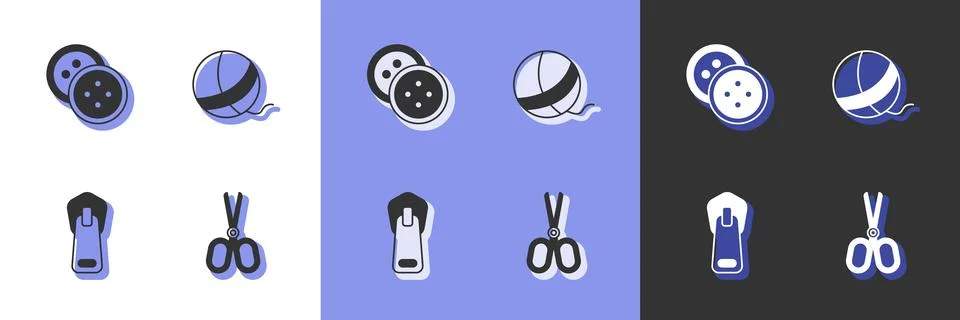 Set Scissors, Sewing button for clothes, Zipper and Yarn ball icon. Vector Stock Illustration