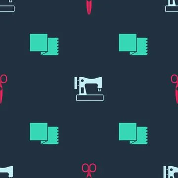 Set Scissors, Sewing machine and Textile fabric roll on seamless pattern. Vector Stock Illustration