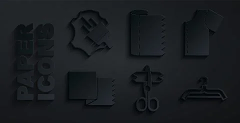 Set Scissors, Sewing pattern, Textile fabric roll, Hanger wardrobe, and Leather Stock Illustration